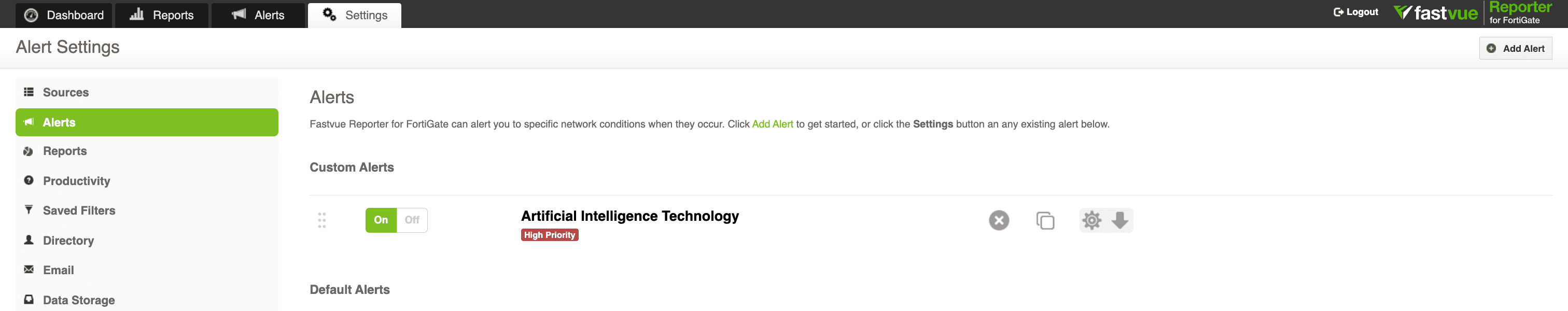 Settings dashboard showing how to set up real-time alerts in Fastvue Reporter