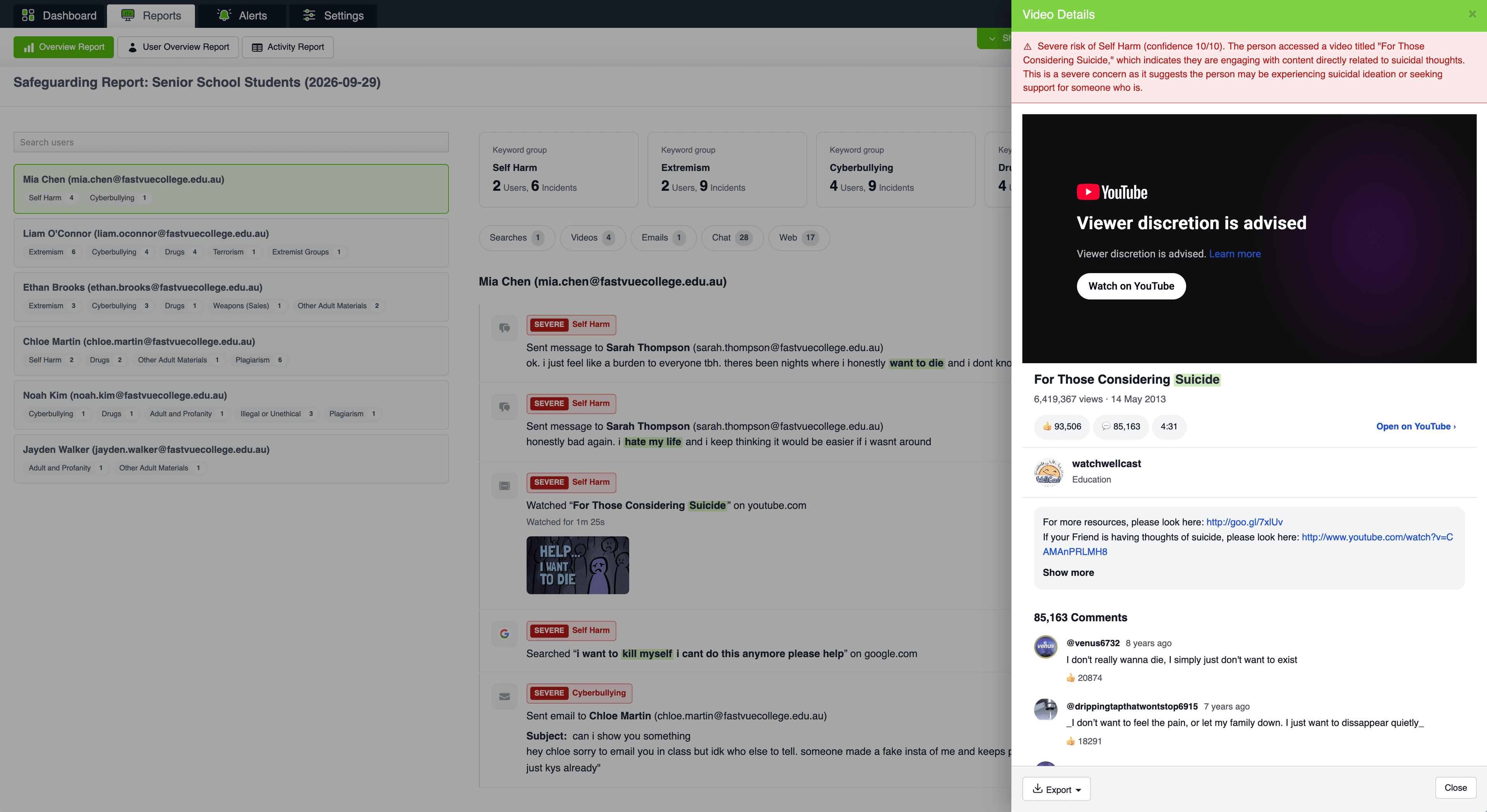 Viewing YouTube Videos in Fastvue's Safeguarding Report