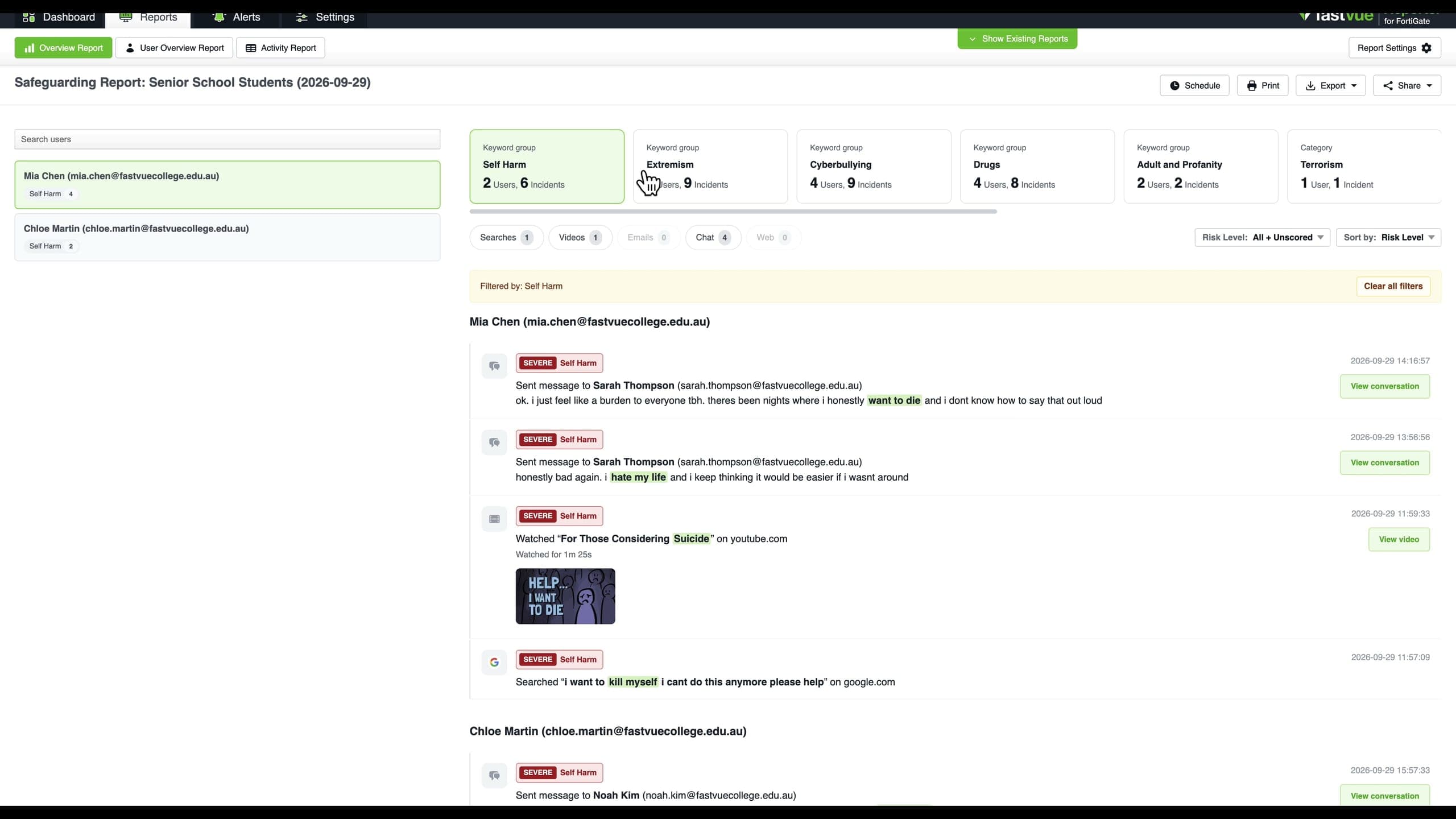Filtering the report to Self Harm narrows both the incident list and the users on the left