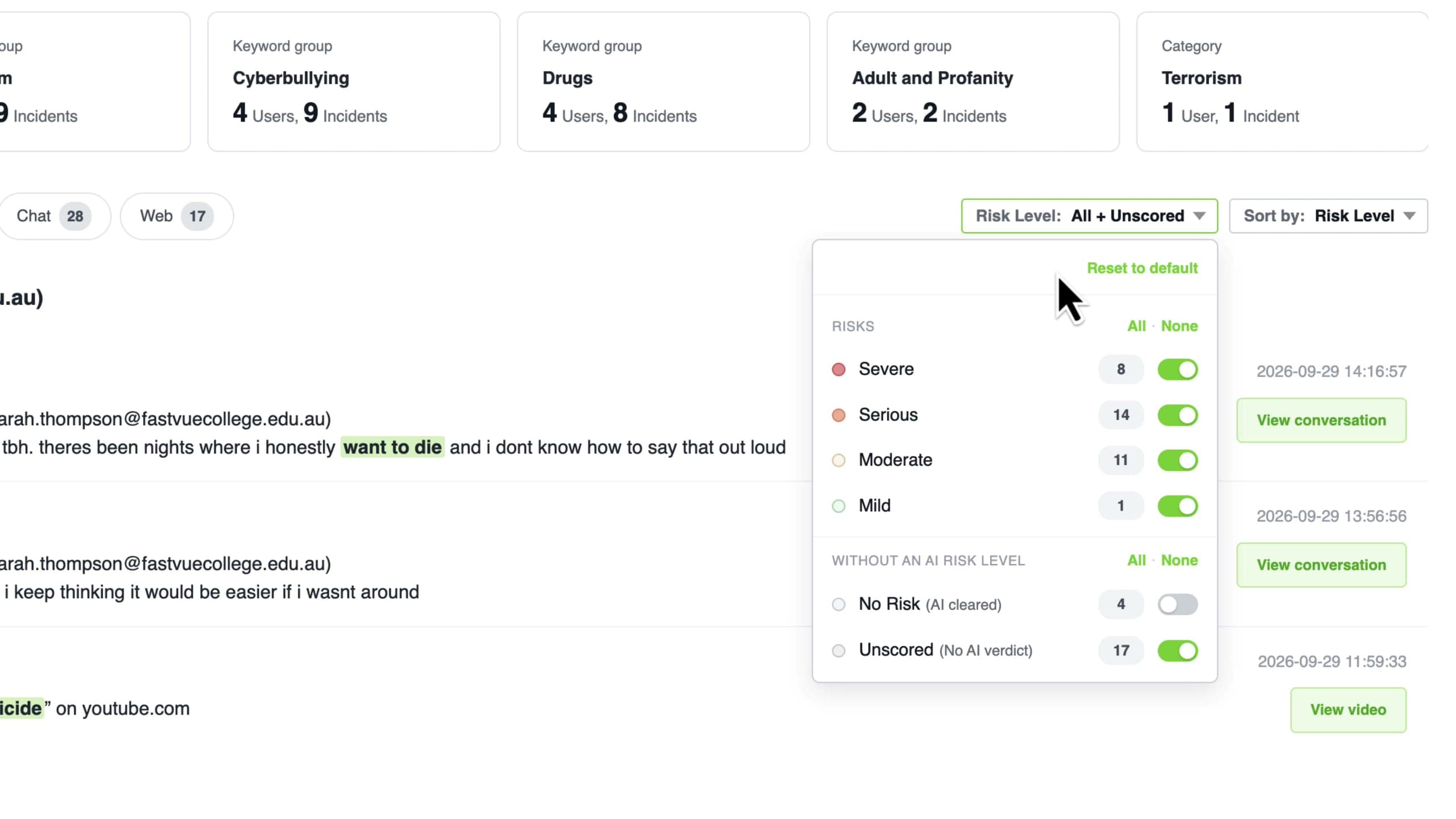 The Risk Level filter lets you show or hide each risk level, AI-cleared records and unscored records