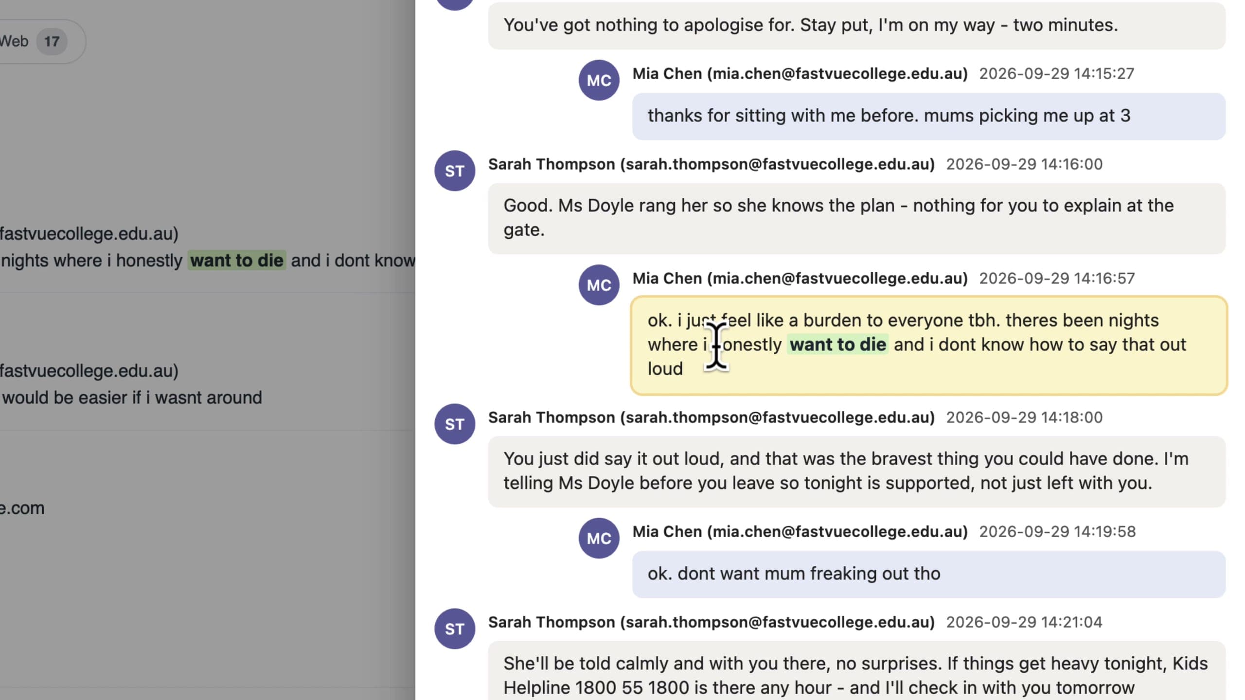 View Conversation shows the flagged chat message in the context of the messages around it