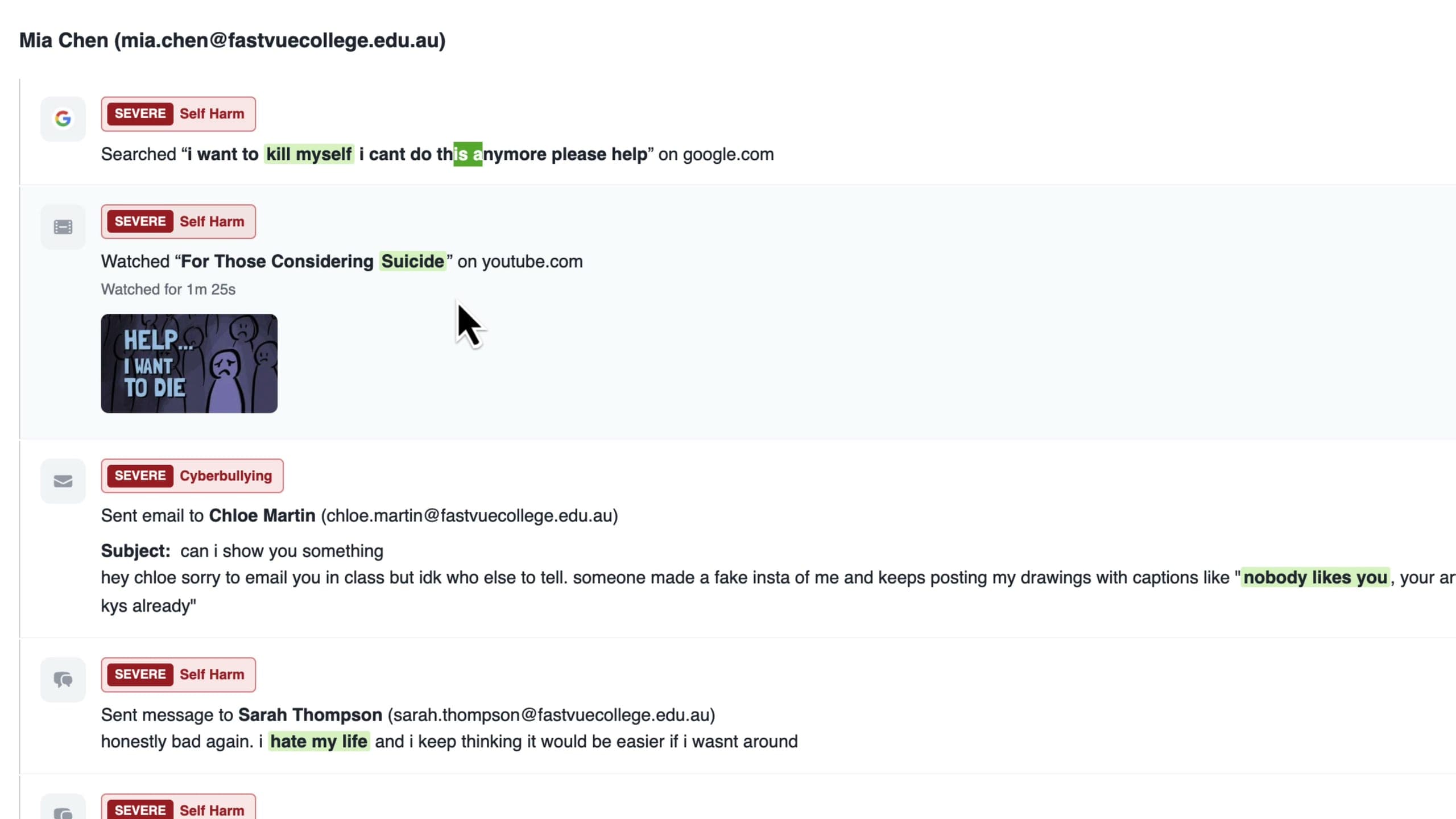 Sorting by time shows the sequence of a student's incidents
