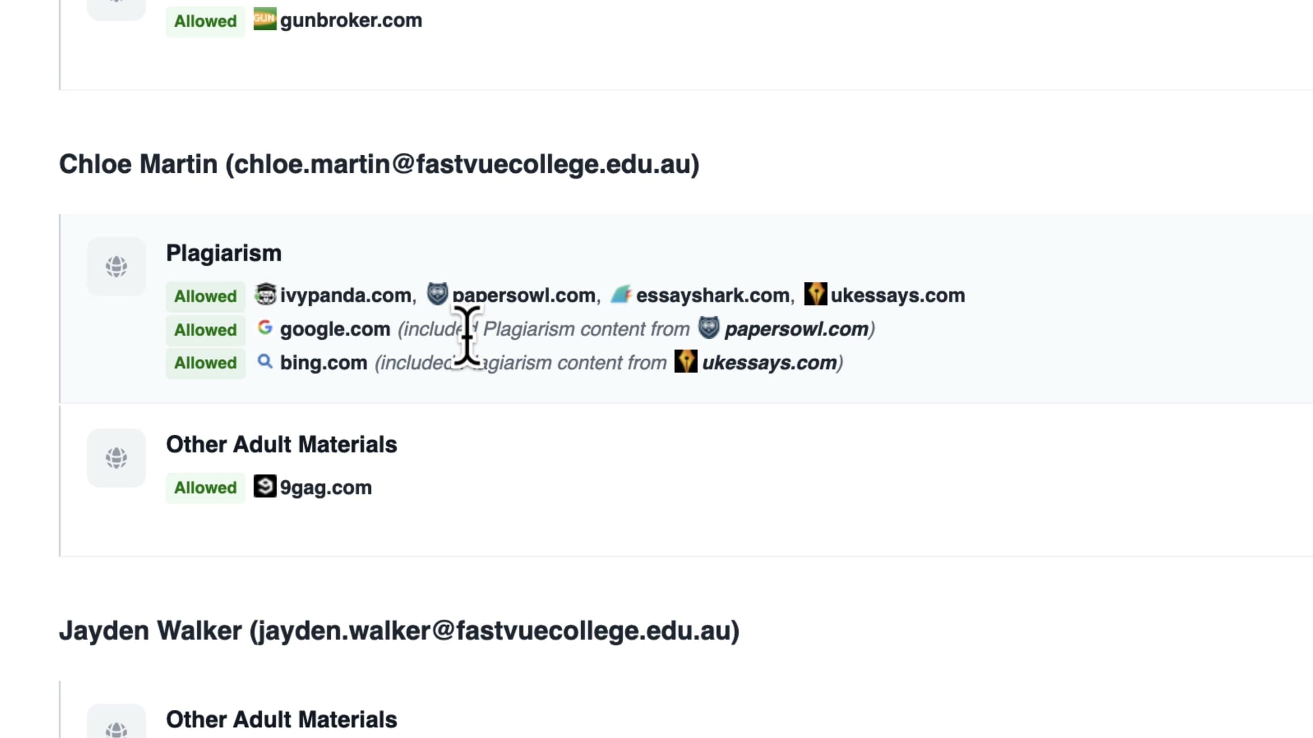 Web incidents grouped by category, with Site Clean showing the site the student was actually on