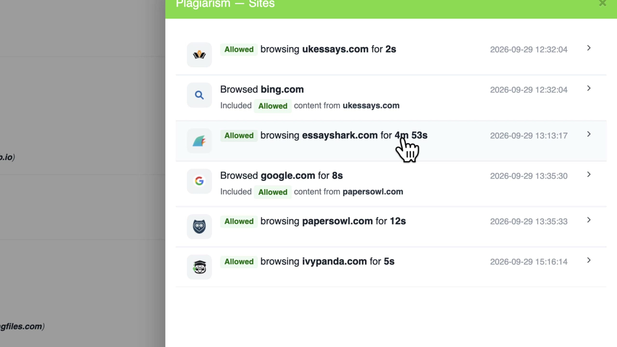 View Sites lists each visit with how long the student spent there
