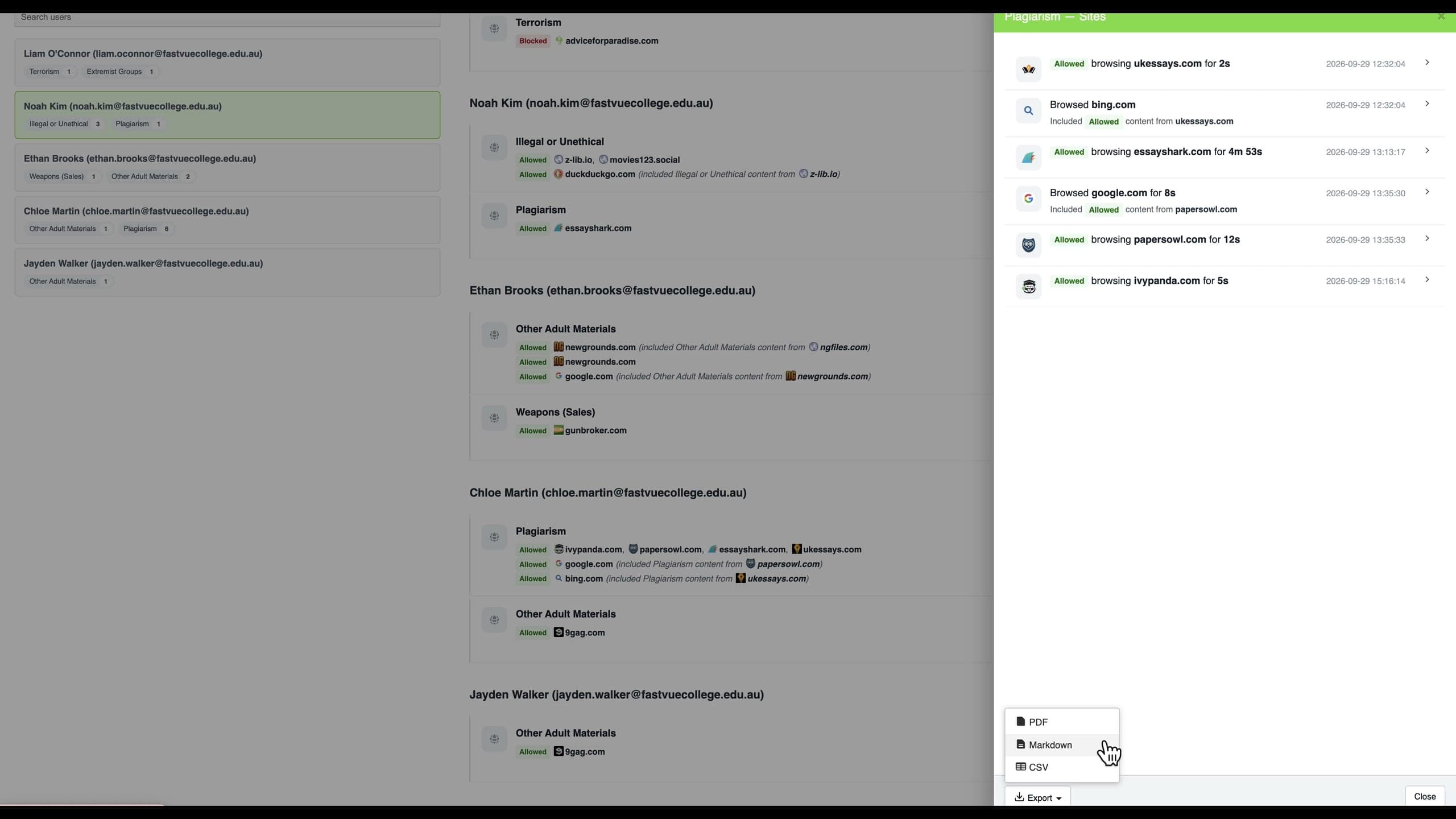 Export any panel or the full report to PDF, Markdown or CSV