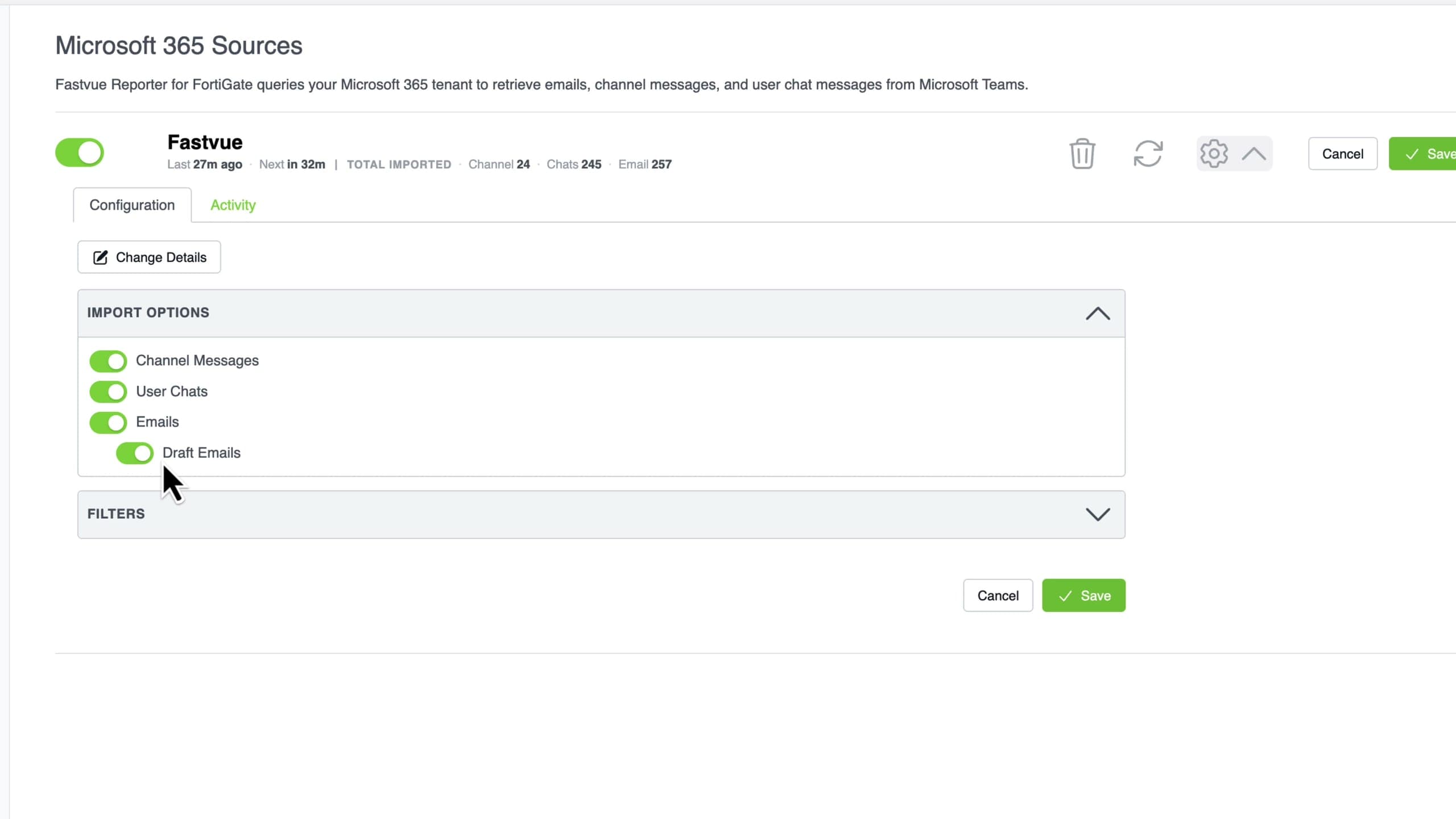 Microsoft 365 import options: channel messages, user chats, emails and draft emails