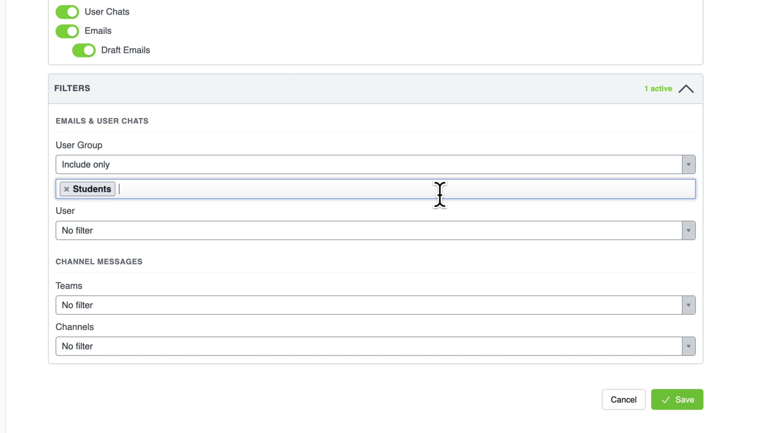 Filters restrict which mailboxes, chats, teams and channels are imported