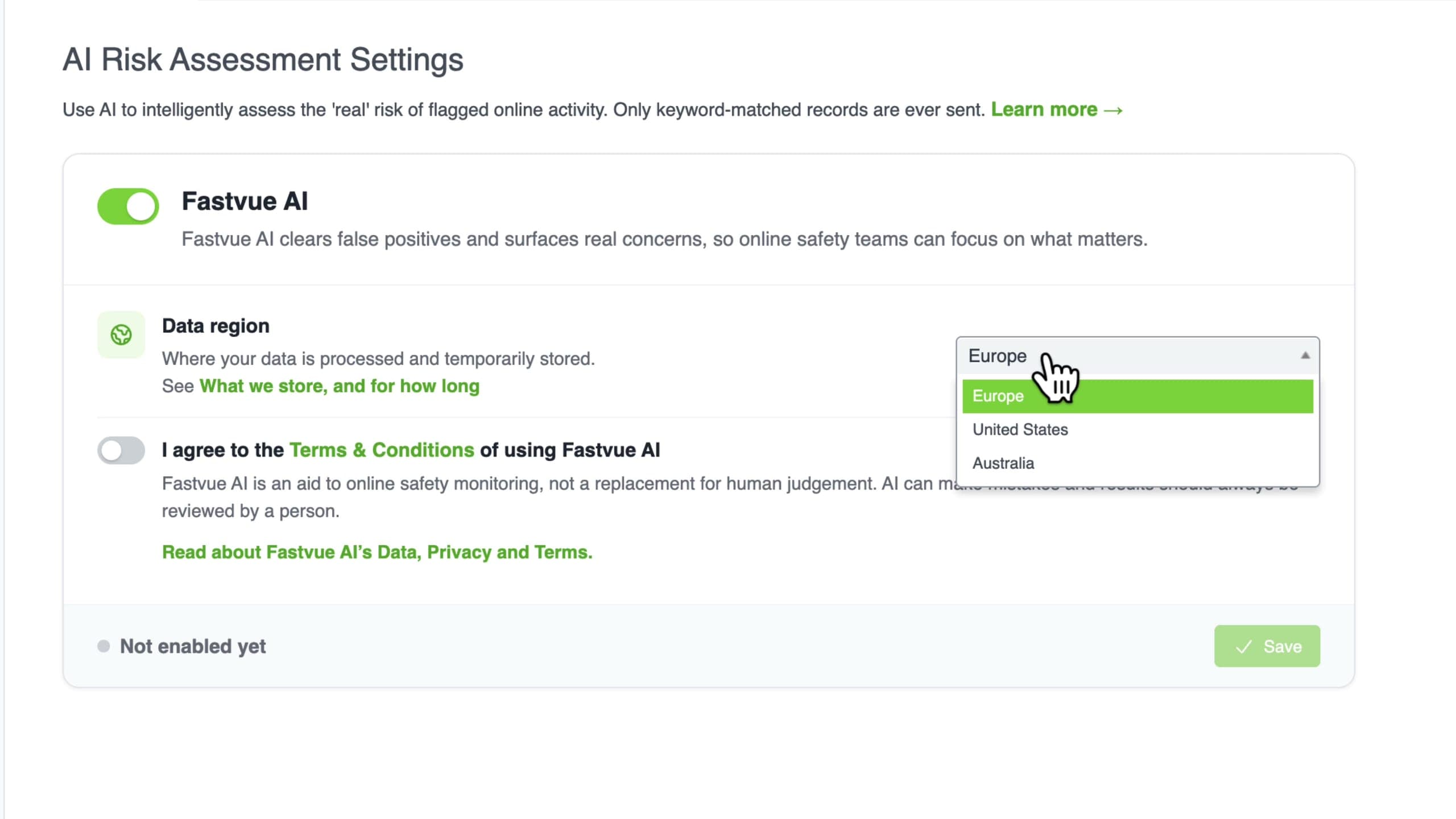Enabling Fastvue AI starts with choosing a data region