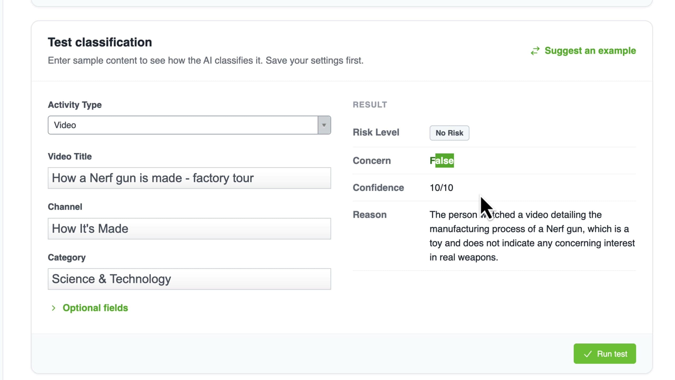 Test Classification shows how the model rates a sample video