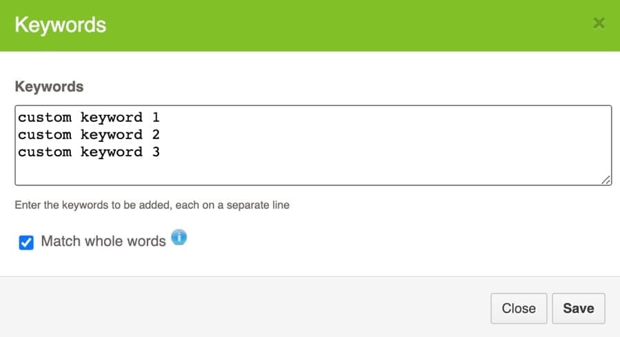 Entry box for adding custom keywords in Fastvue