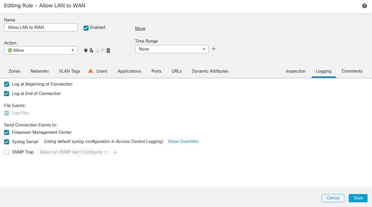 Enabling Cisco Firepower Syslog Settings for individual Access Policy Rules.
