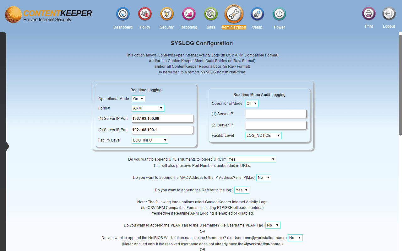 Add the Fastvue Reporter server as a Syslog Server in ContentKeeper