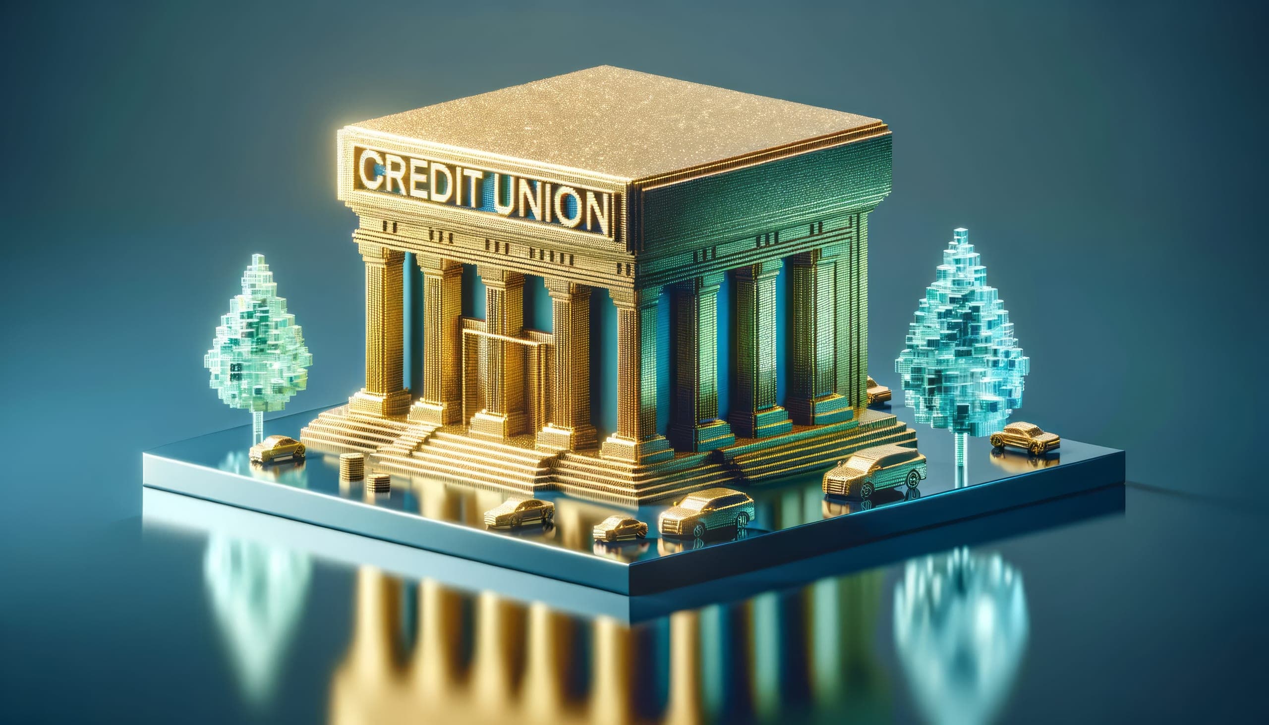 A golden-colored building is prominently featured with a sign stating CREDIT UNION. A vibrant tree positioned in front of it, enhancing the view.