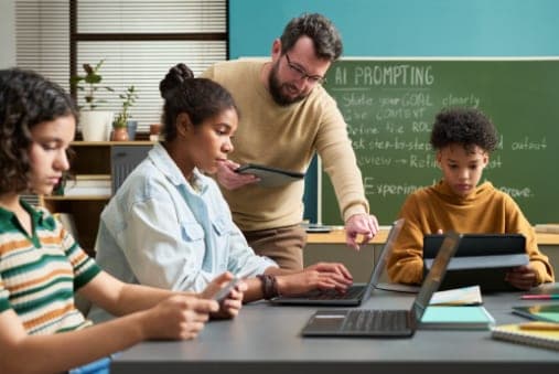 Teacher leaning over students laptop with AI prompts on the blackground