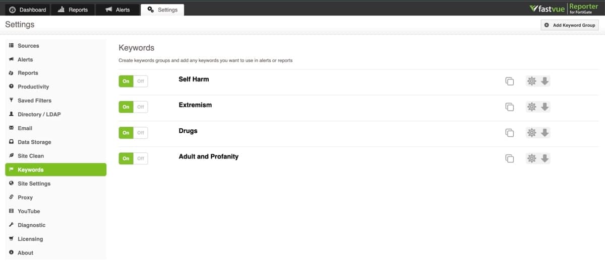 Dashboard showing keyword settings options in Fastvue Reporter