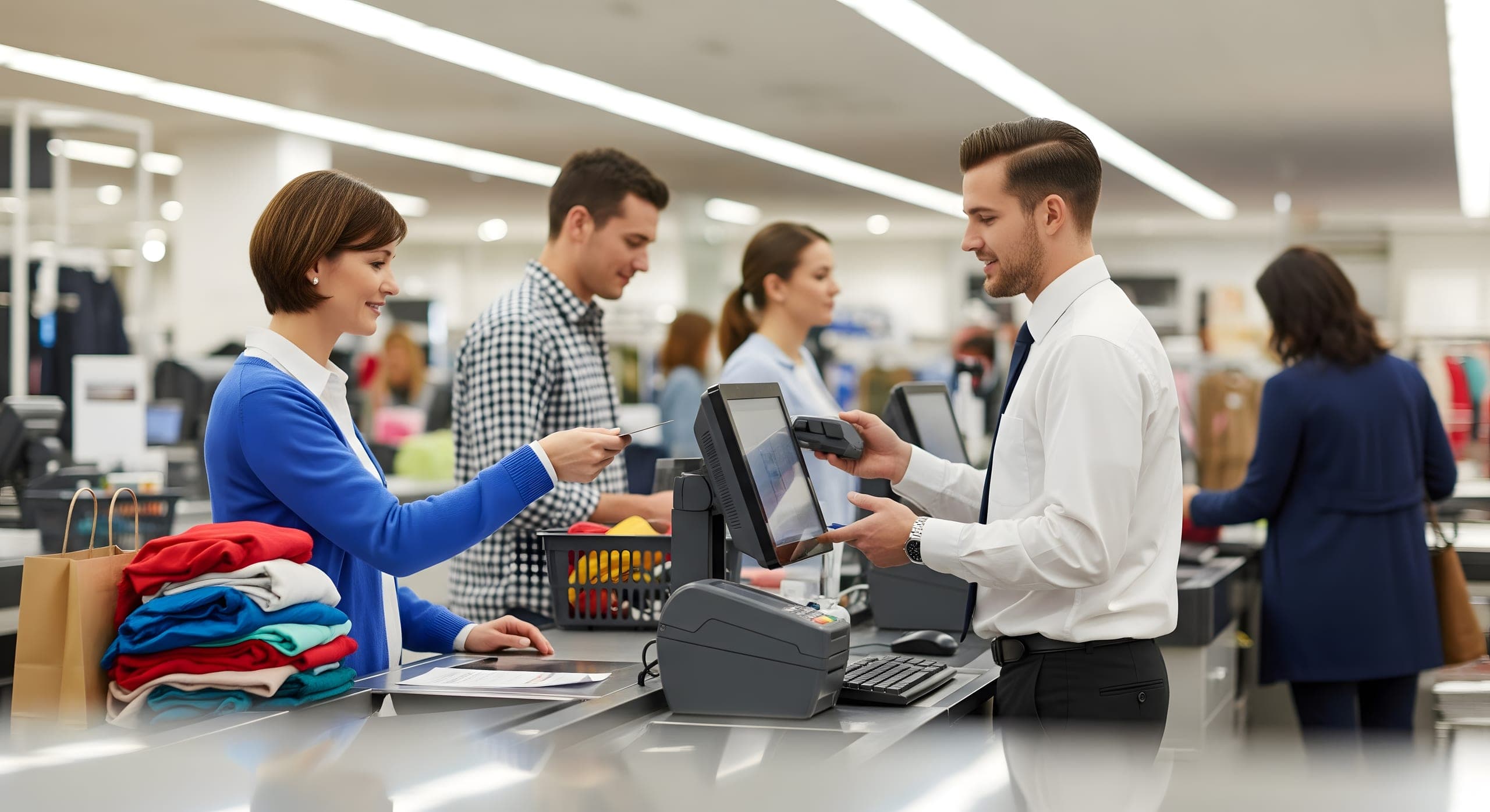 A man and woman stand at a store counter, engaging with a cashier during a transaction.