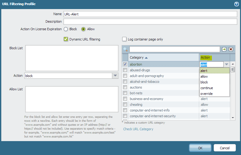 Configuring Palo Alto firewall's URL Filtering Categories to Block or Alert