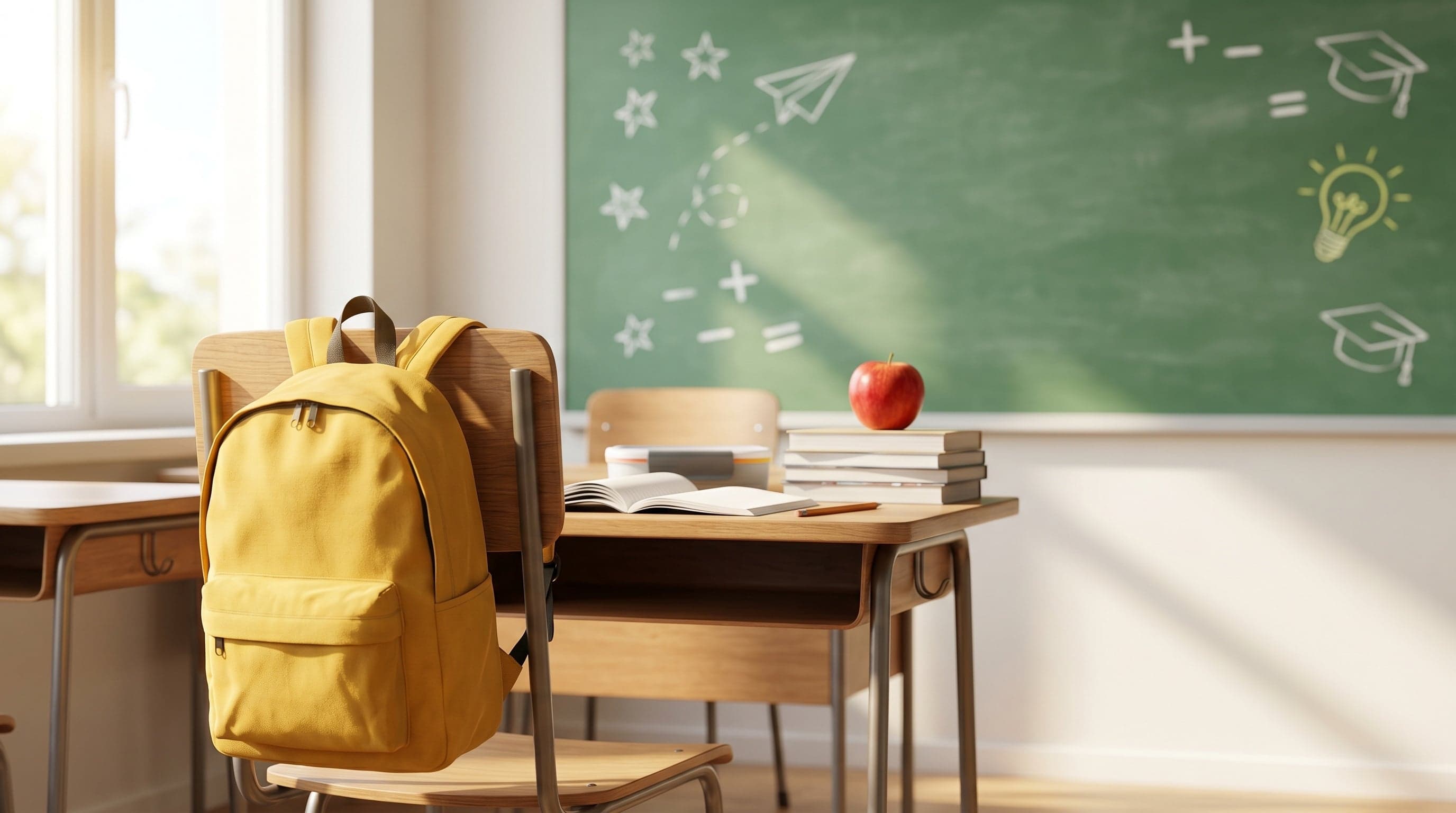 Image of a yellow backpack hanging over the back of a school chair. All the seats in the classroom are empty.