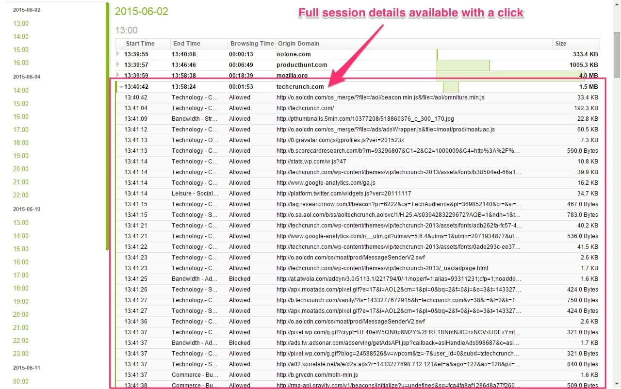 Fastvue Reporter activity reports showing how to access full session details