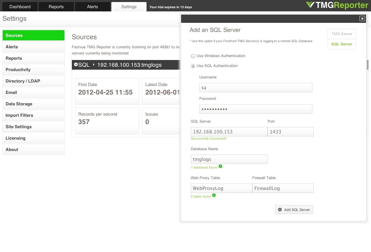 Adding TMG's Remote SQL Server Log as a Source
